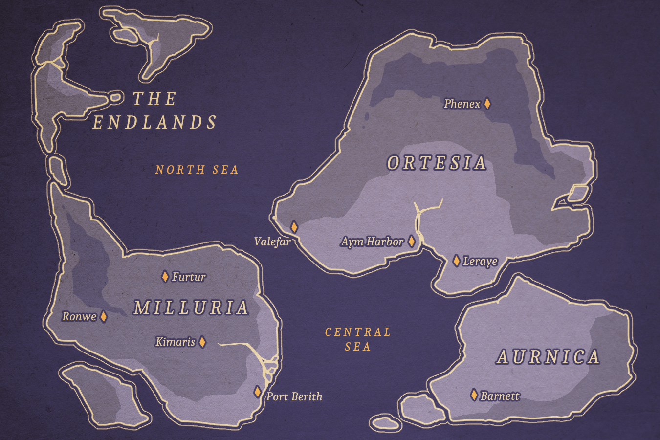 a map of Empyria in dark purple with yellow outlines