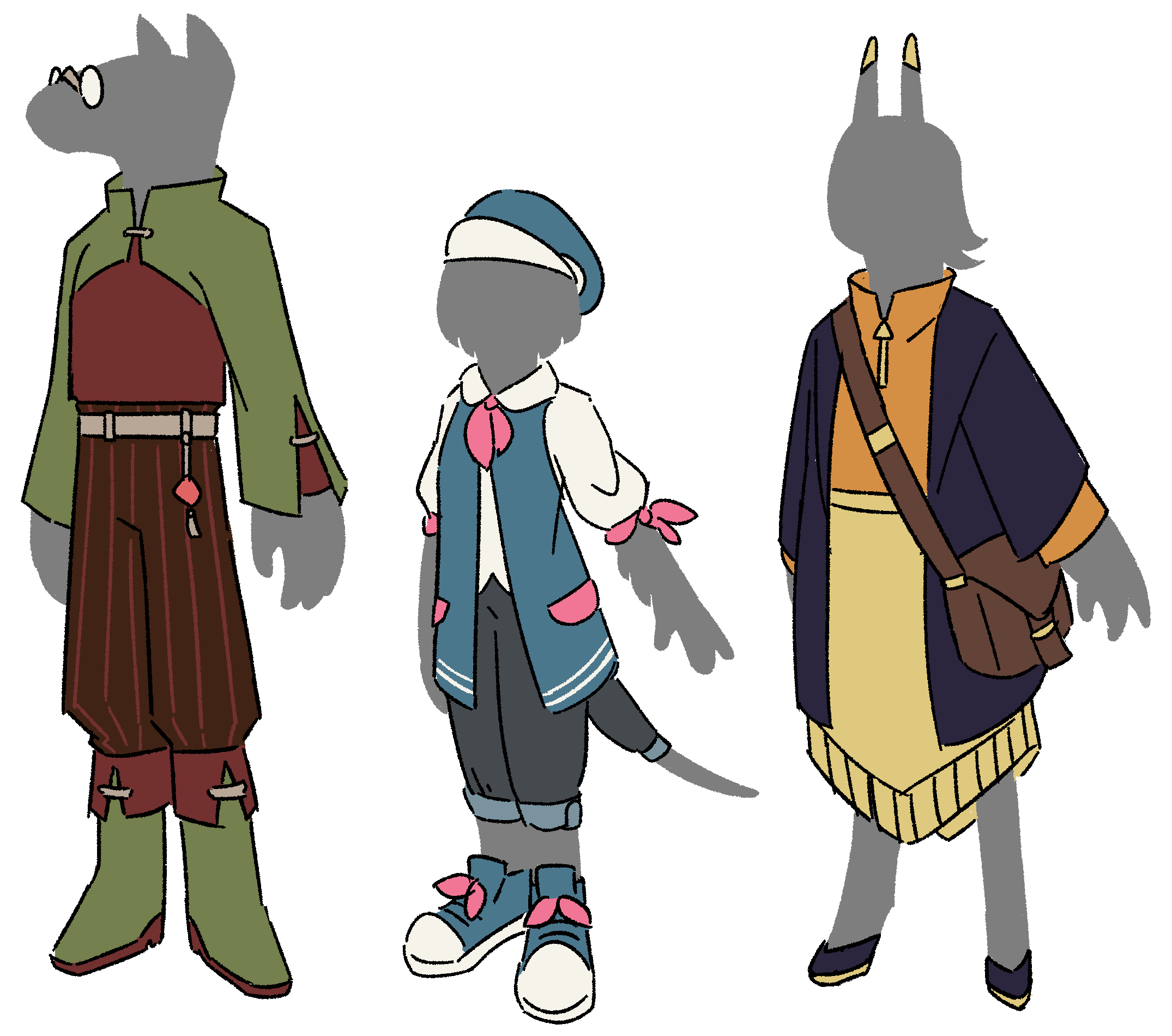 three silhouettes wearing the styles of clothing described below