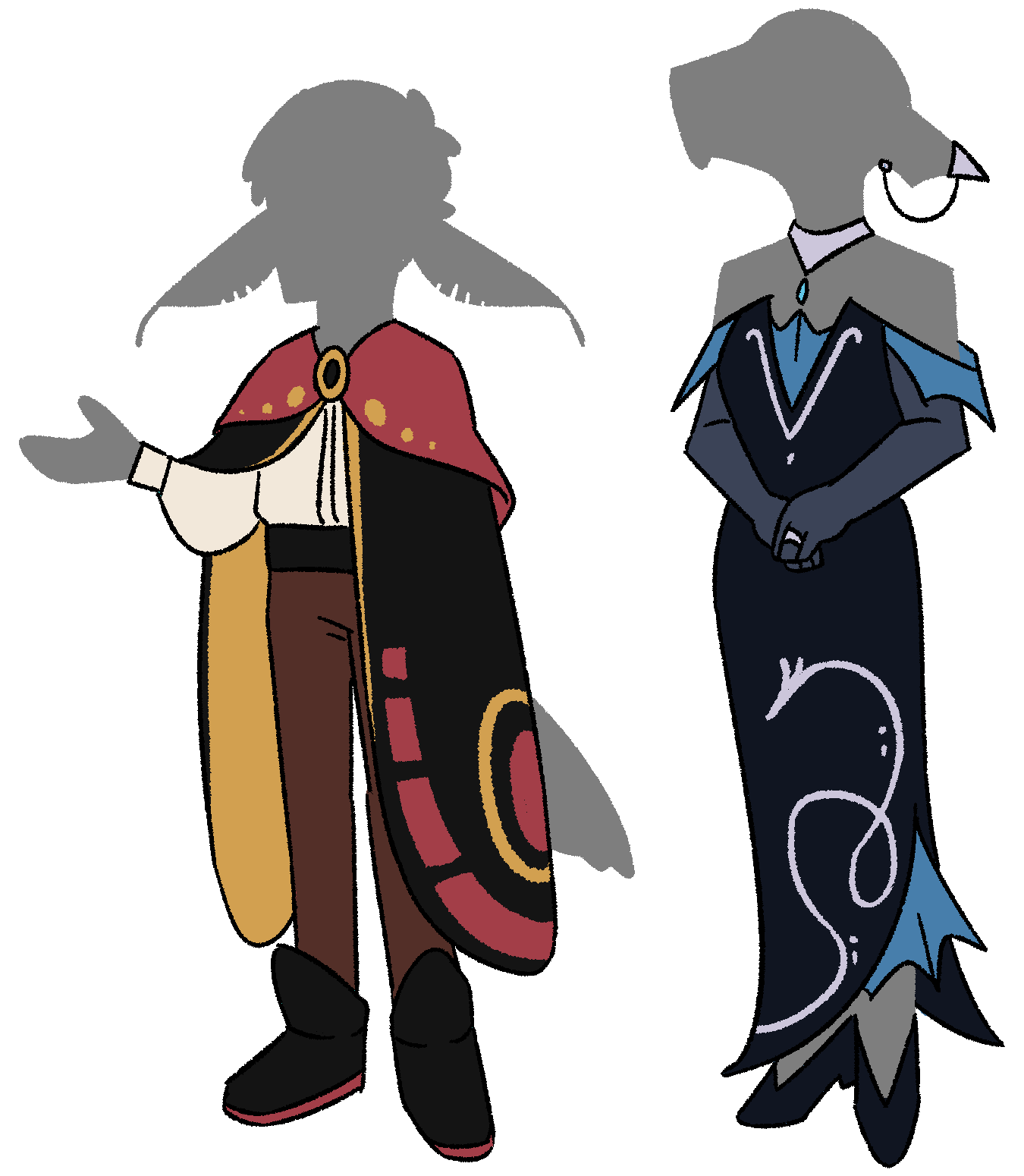 two silhouettes wearing the styles of clothing described below