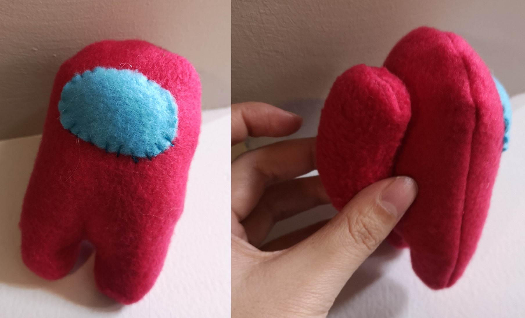two shots showing the front and back of a red Among Us character plush