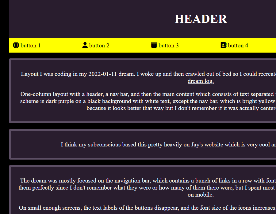 dream layout 1, a one-column dark purple theme with white text and a yellow menu bar